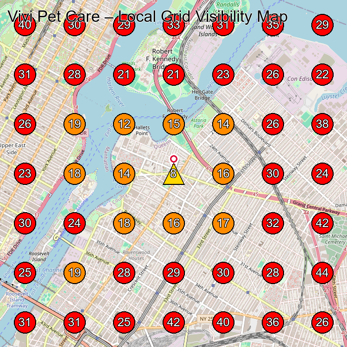 Vivi Pet Care GeoGrid visibility map for Coffee Shops in Queens